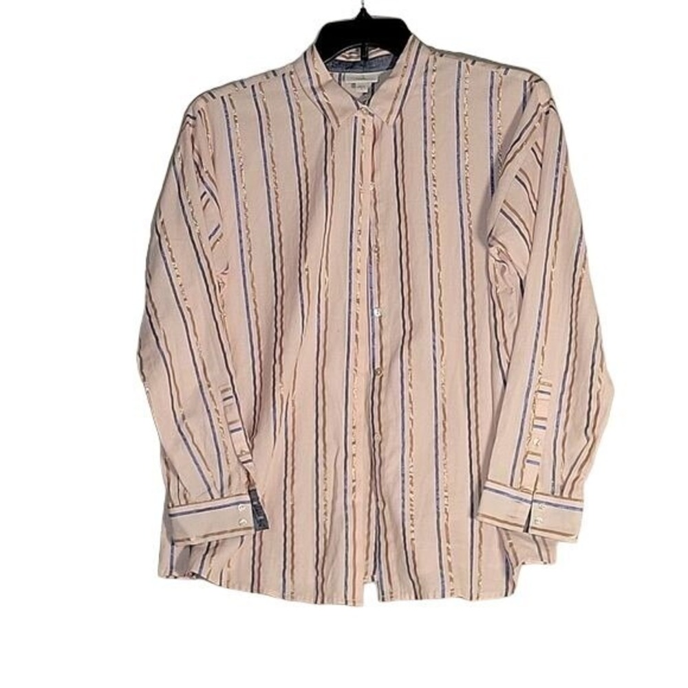 J.Jill Striped Button Down Shirt M Tan Blue Collar Long Sleeve Breathable stripe